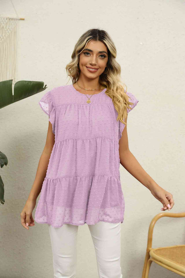 Swiss Dot Round Neck Tiered Blouse | 1mrk.com