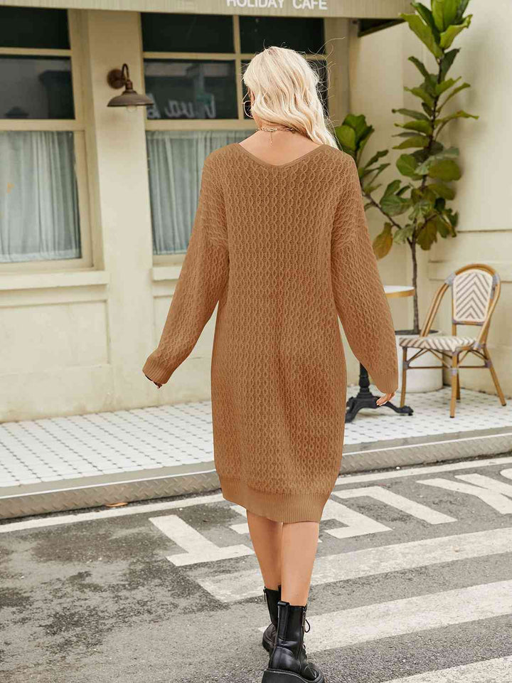 V-Neck Long Sleeve Sweater Dress |1mrk.com