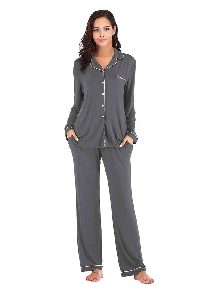 Collared Neck Long Sleeve Loungewear Set with Pockets | 1mrk.com