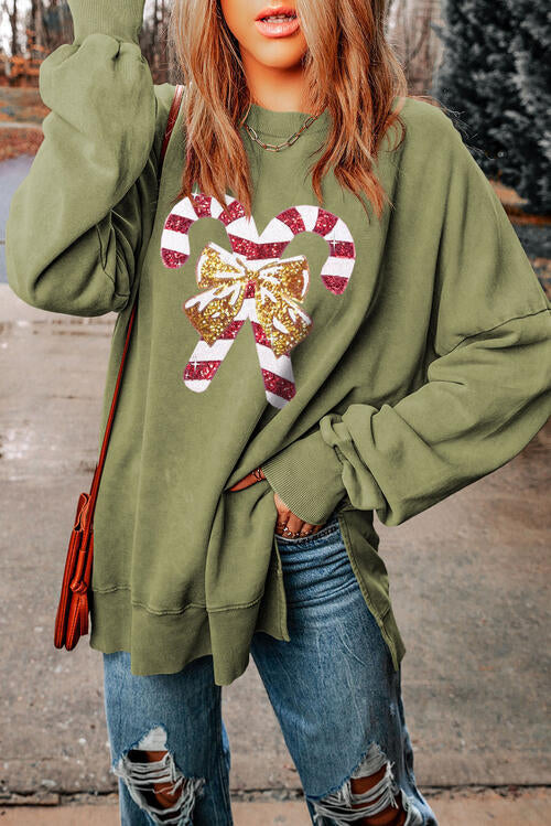 Sequin Candy Cane Round Neck Slit Sweatshirt |1mrk.com