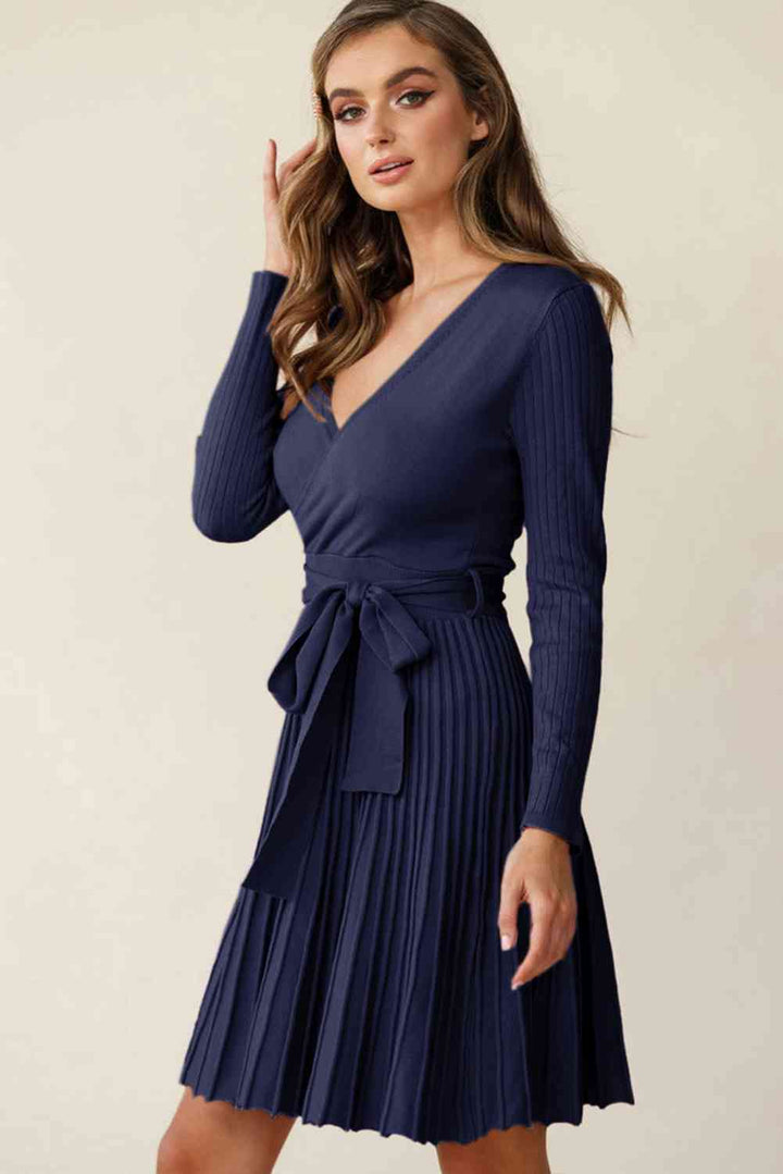 Surplice Neck Tie Waist Pleated Dress |1mrk.com