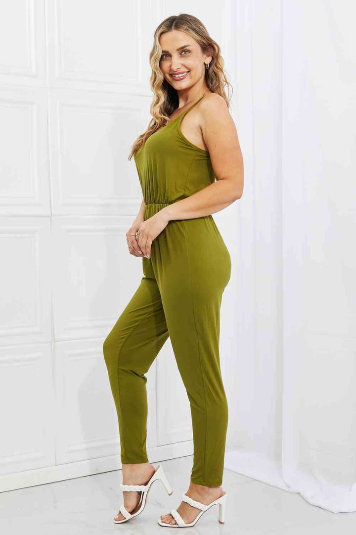 Capella Comfy Casual Full Size Solid Elastic Waistband Jumpsuit in Chartreuse | 1mrk.com