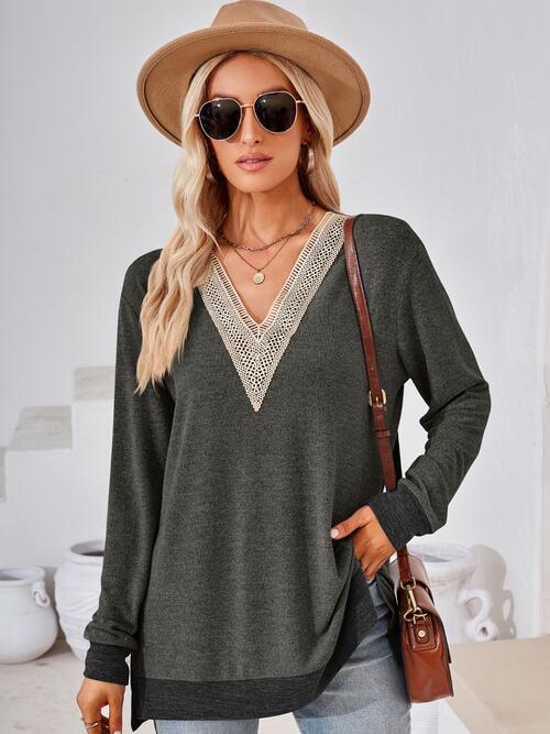 Crochet Contrast V-Neck Long Sleeve Slit T-Shirt | 1mrk.com