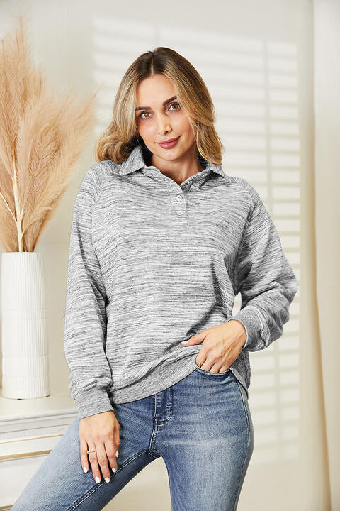 Ninexis Full Size Quarter-Button Collared Sweatshirt |1mrk.com