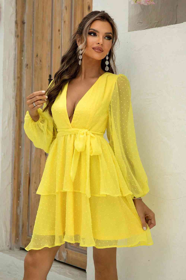 Tie Waist Balloon Sleeve Layered Dress |1mrk.com