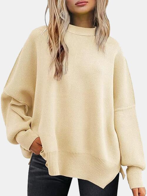 Round Neck Drop Shoulder Slit Sweater |1mrk.com