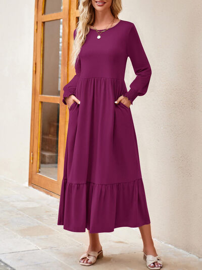 Round Neck Lantern Sleeve Ruffle Hem Dress | 1mrk.com