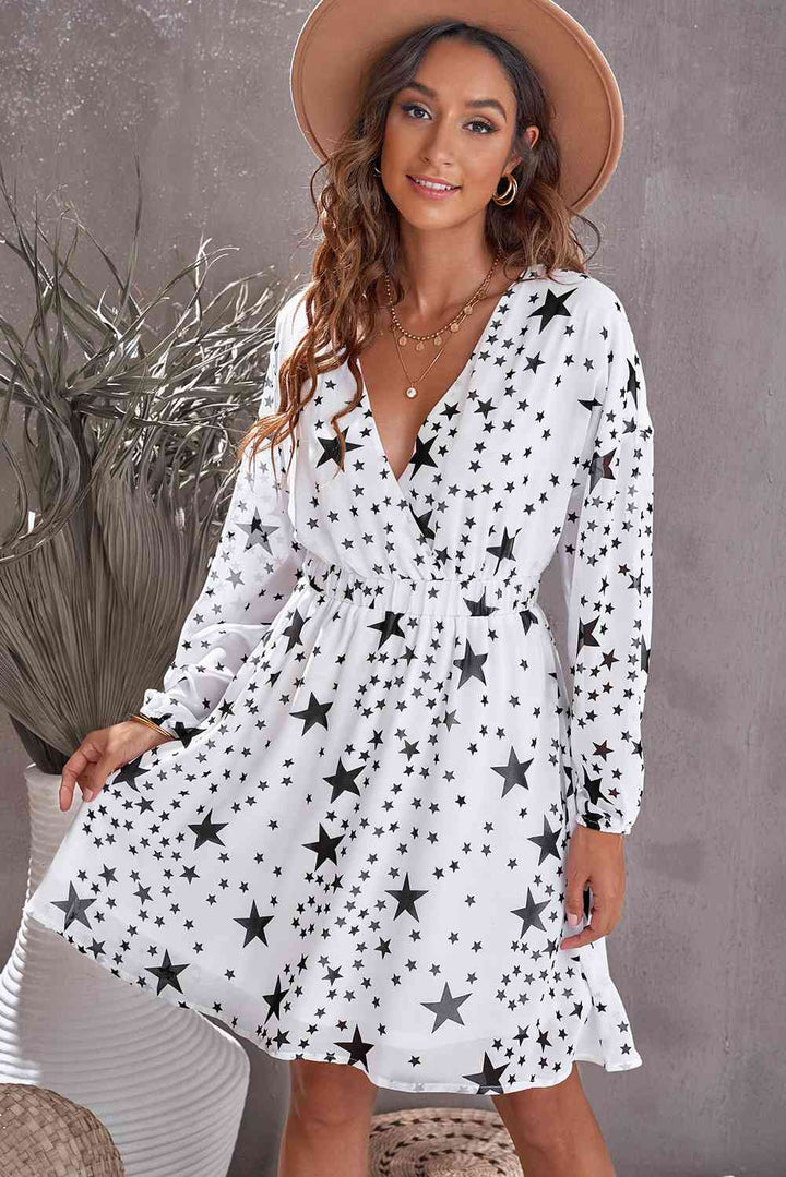 Star Print Dropped Shoulder Surplice Dress | 1mrk.com