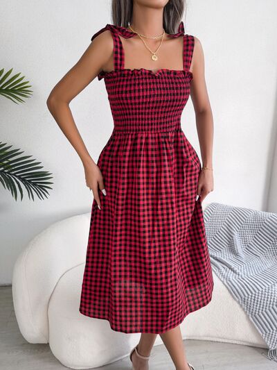 Frill Plaid Square Neck Midi Dress |1mrk.com