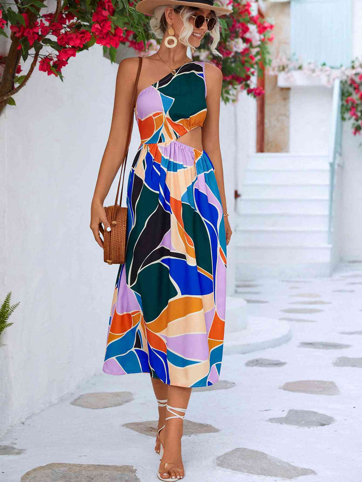 Printed Cutout One-Shoulder Sleeveless Dress |1mrk.com