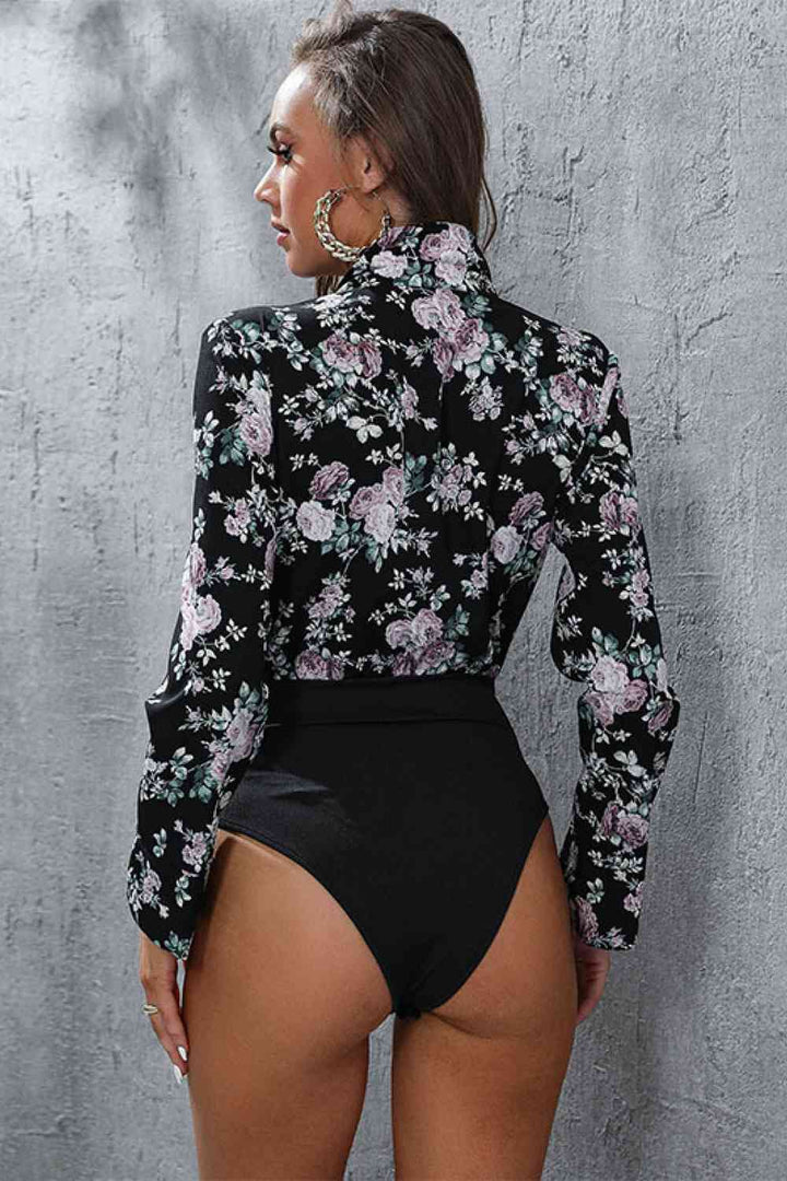 Floral Lapel Collar Spliced Bodysuit | 1mrk.com