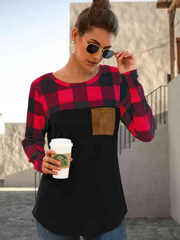 Plaid Round Neck Long Sleeve T-Shirt | 1mrk.com