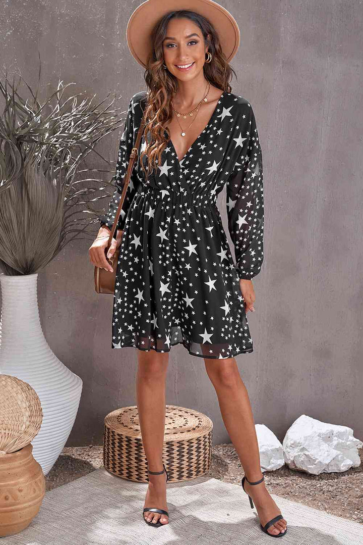 Star Print Dropped Shoulder Surplice Dress | 1mrk.com