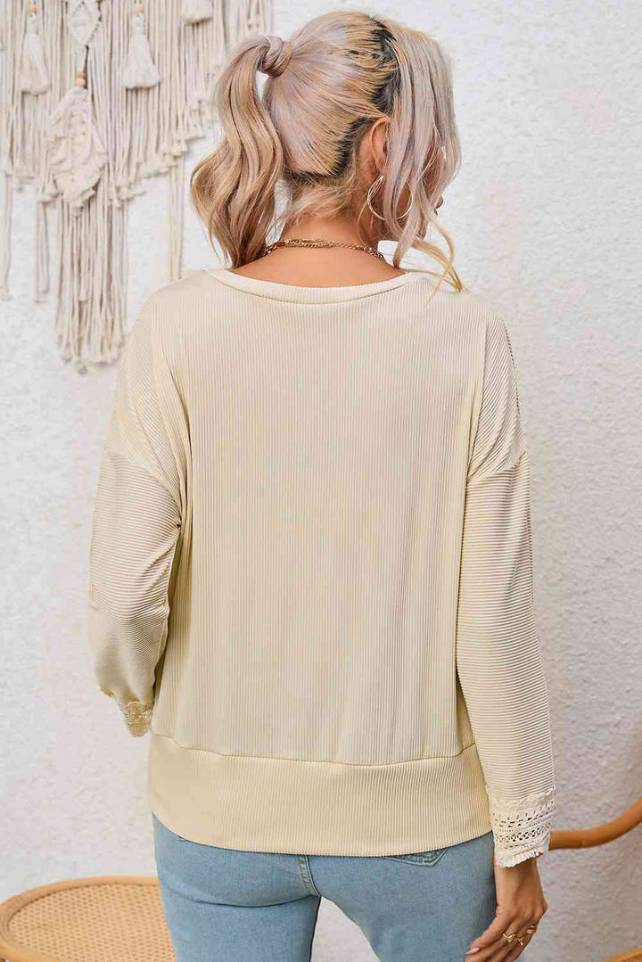 Spliced Lace V-Neck Ribbed Top | 1mrk.com