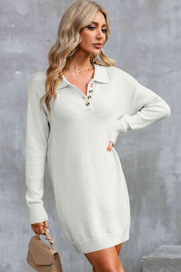 Buttoned Long Sleeve Sweater Dress | 1mrk.com