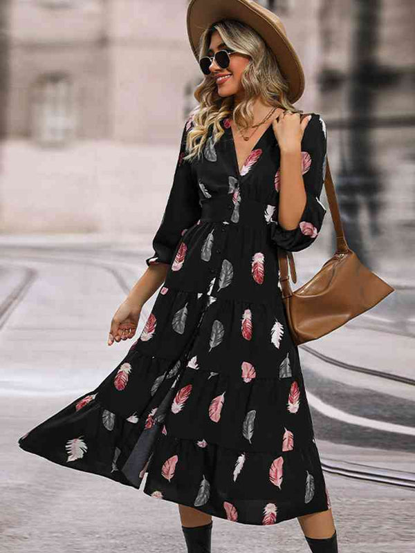 Printed V-Neck Slit Dress |1mrk.com