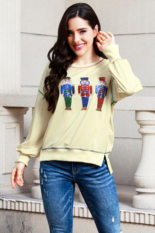 Sequin Nutcracker Round Neck Slit Sweatshirt |1mrk.com