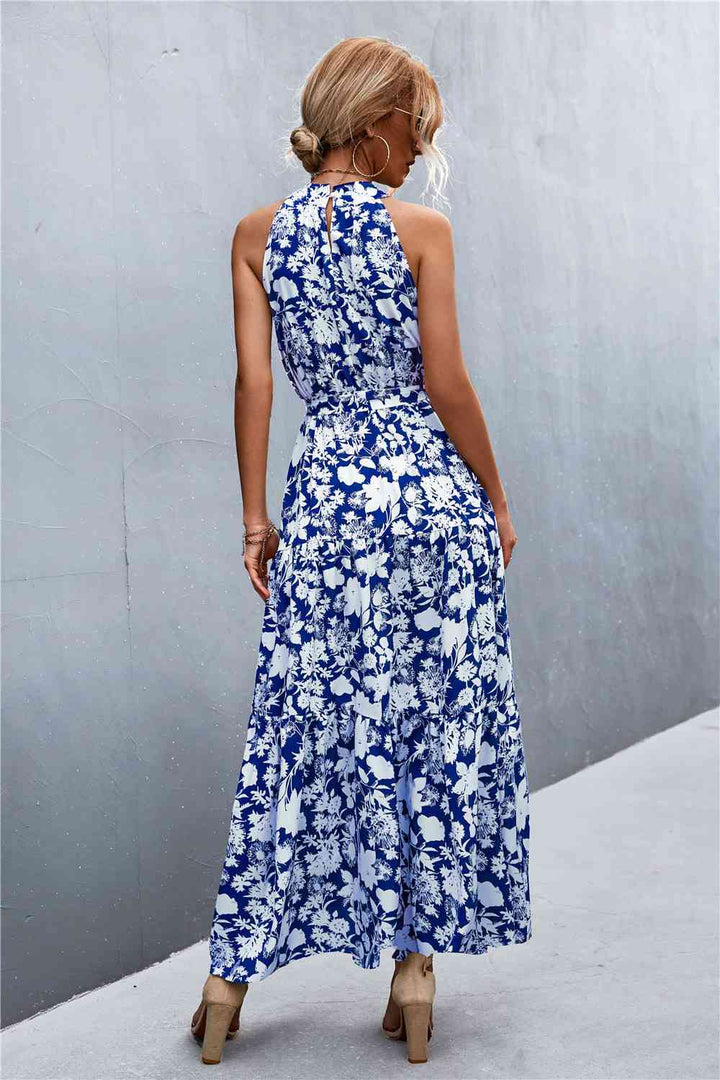 Printed Sleeveless Tie Waist Maxi Dress |1mrk.com