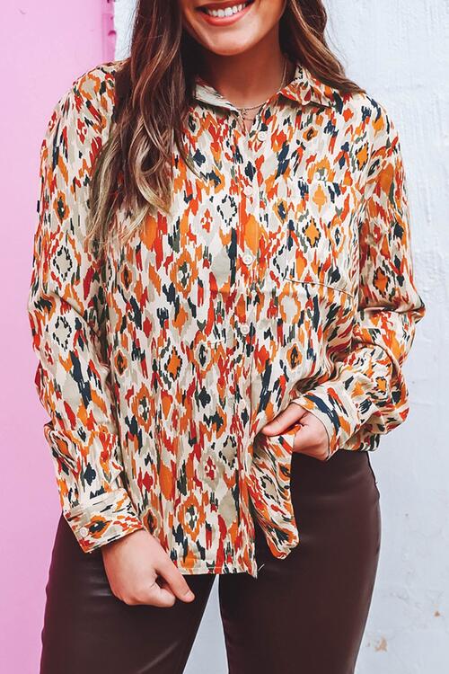 Plus Size Printed Collared Neck Button Front Shirt with Pocket |1mrk.com