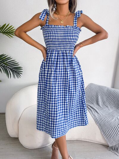 Frill Plaid Square Neck Midi Dress |1mrk.com