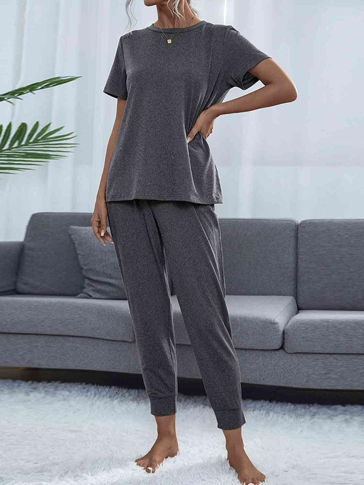 Round Neck Short Sleeve Top and Pants Set | 1mrk.com