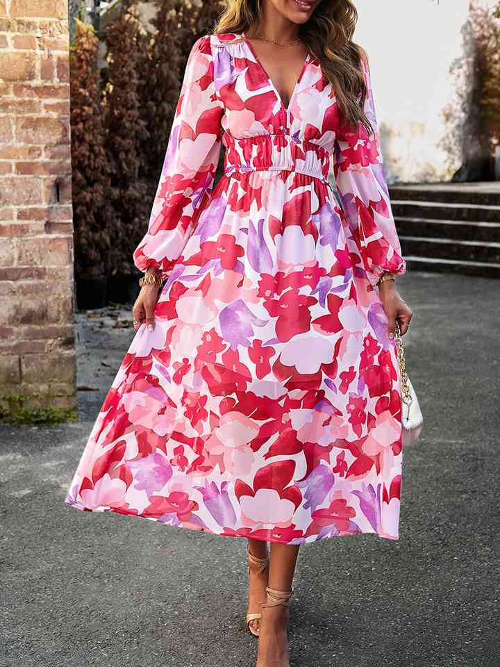 Printed V-Neck Long Sleeve Midi Dress |1mrk.com