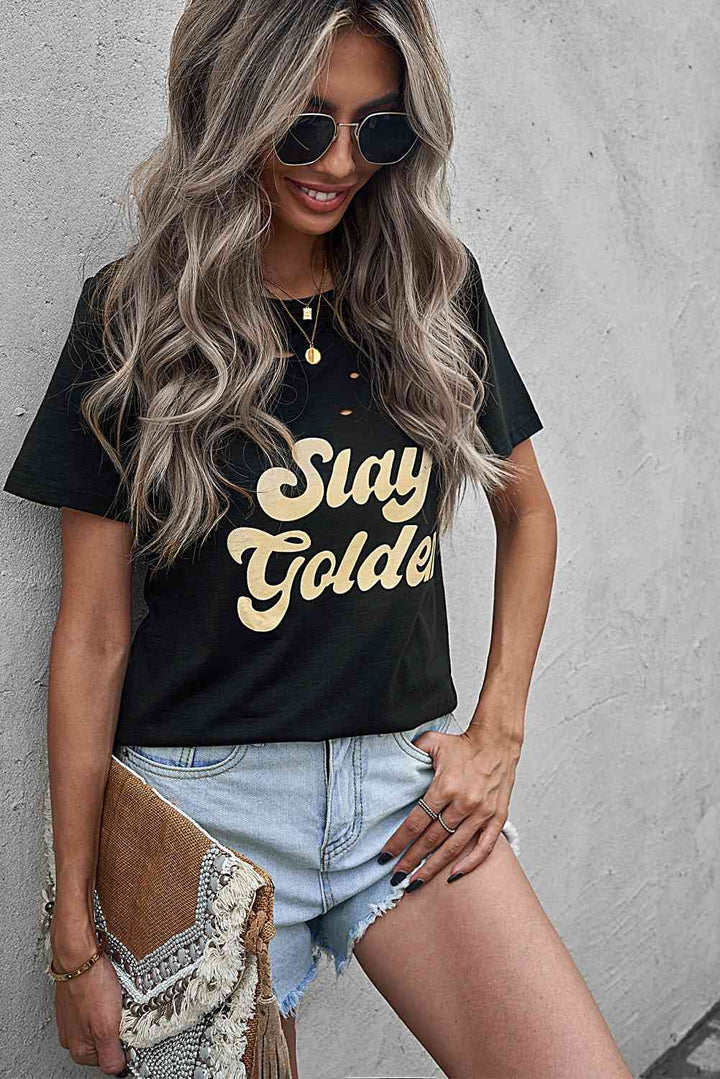 SLAY GOLDEN Distressed Round Neck Tee | 1mrk.com