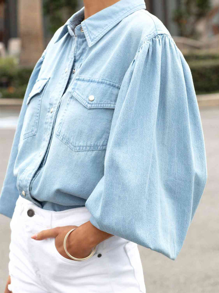 Snap Down Puff Sleeve Denim Top | 1mrk.com