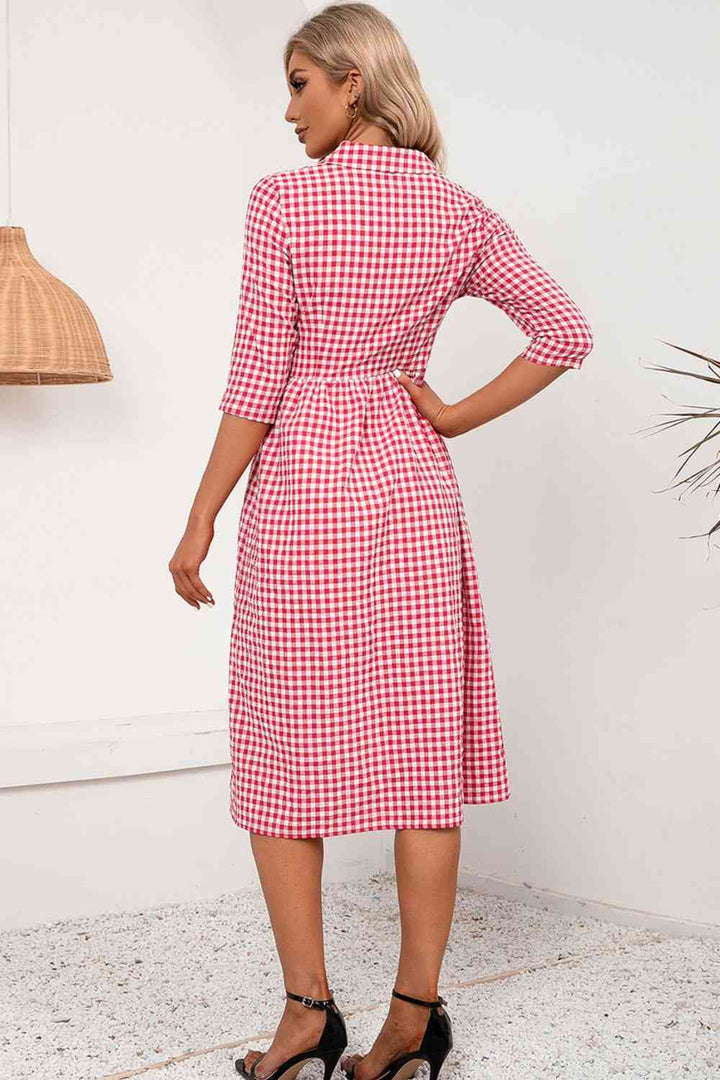 Plaid Collared Neck Midi Dress |1mrk.com