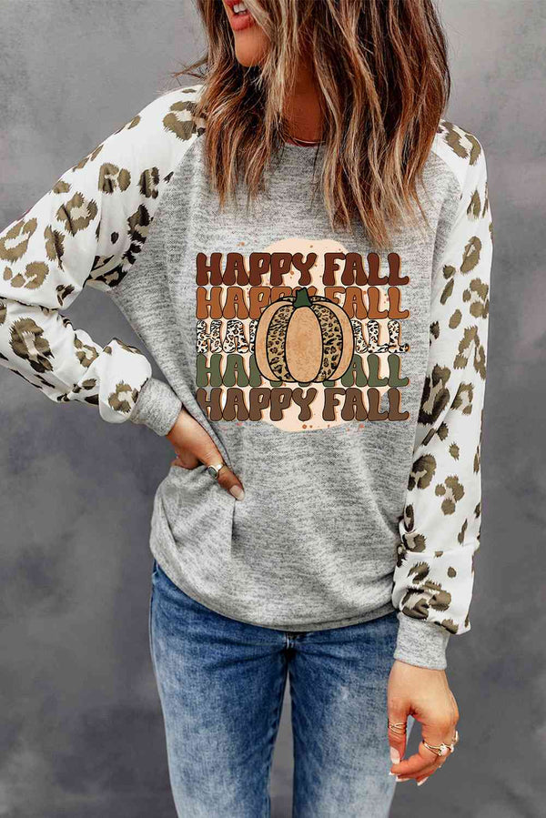 HAPPY FALL Graphic Round Neck Long Sleeve Sweatshirt |1mrk.com