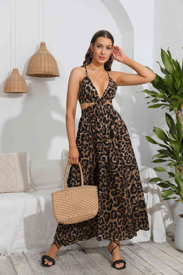 Leopard Deep V Tie Back Split Dress |1mrk.com