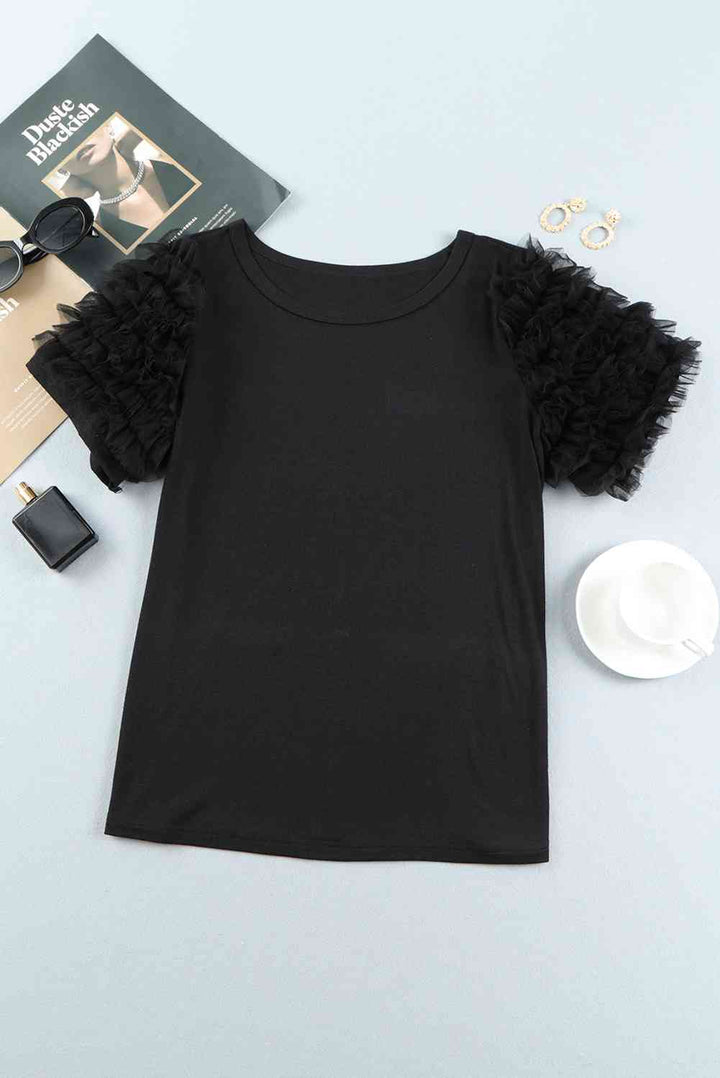 Round Neck Mesh Trim Short Sleeve Tee | 1mrk.com