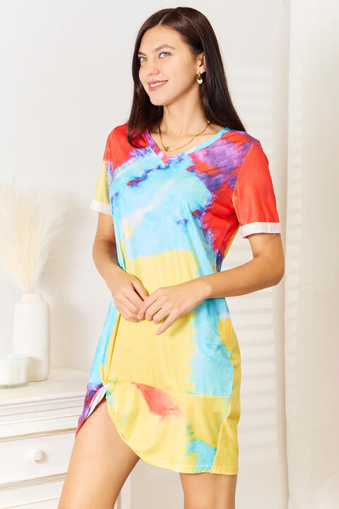 Double Take Tie-Dye V-Neck Twisted Dress | 1mrk.com