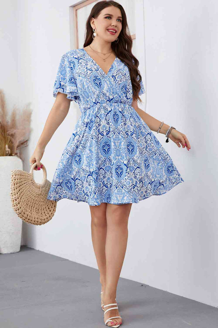 Plus Size Surplice Neck Flutter Sleeve Dress |1mrk.com