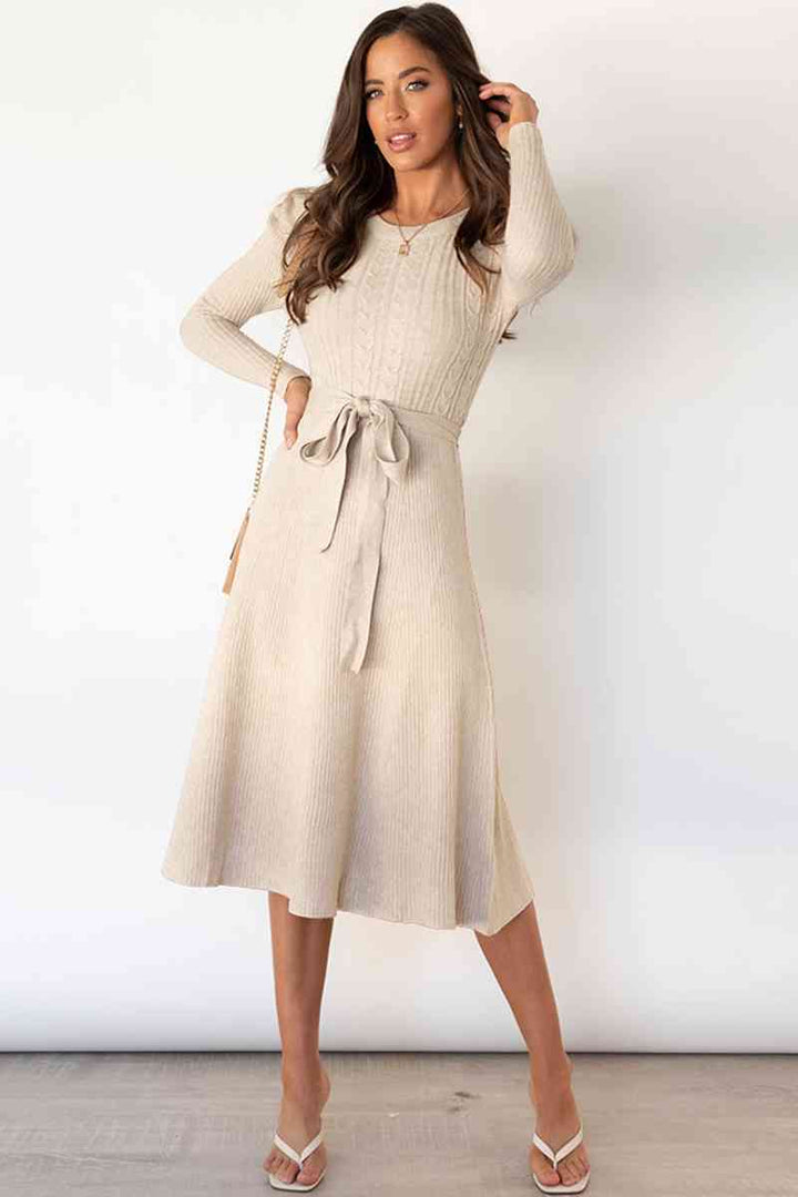 Round Neck Long Sleeve Tie Waist Sweater Dress | 1mrk.com