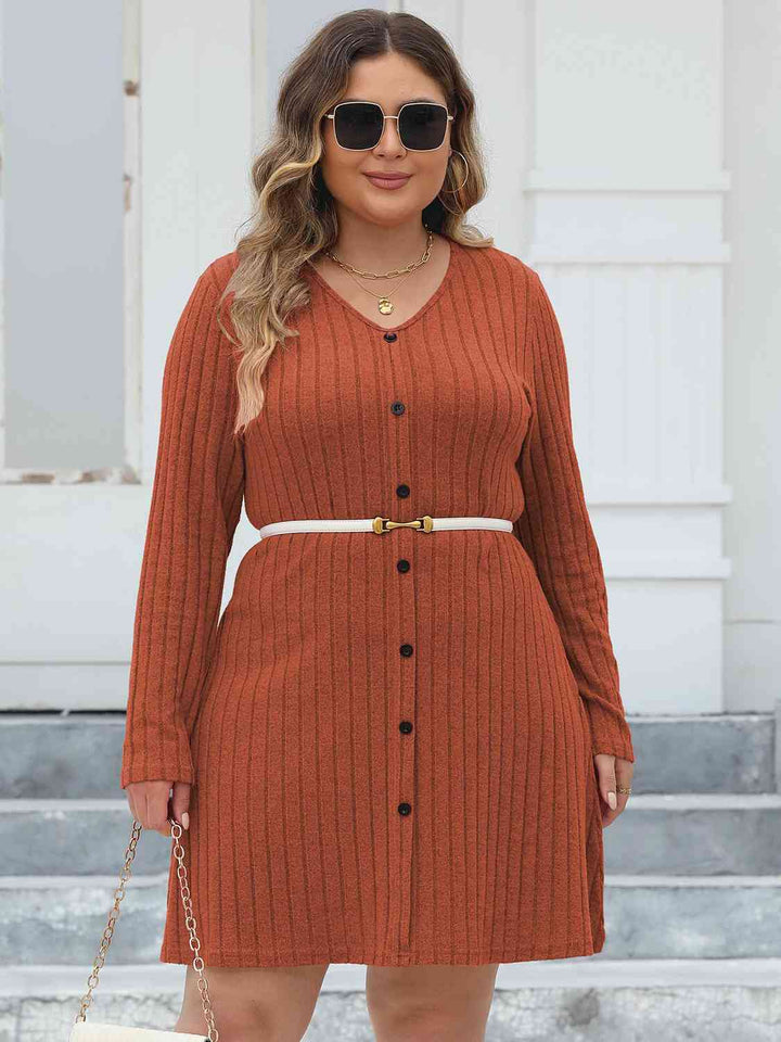 Plus Size Ribbed Buttoned V-Neck Long Sleeve Dress |1mrk.com