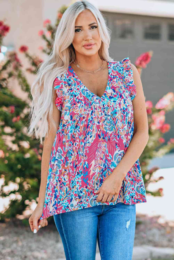 Printed Flutter Sleeve V-Neck Top cf | 1mrk.com