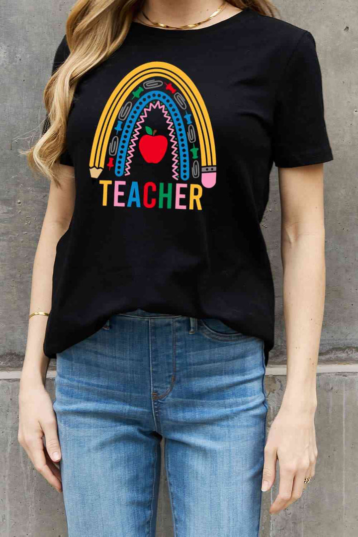 Simply Love Full Size TEACHER Rainbow Graphic Cotton Tee | 1mrk.com