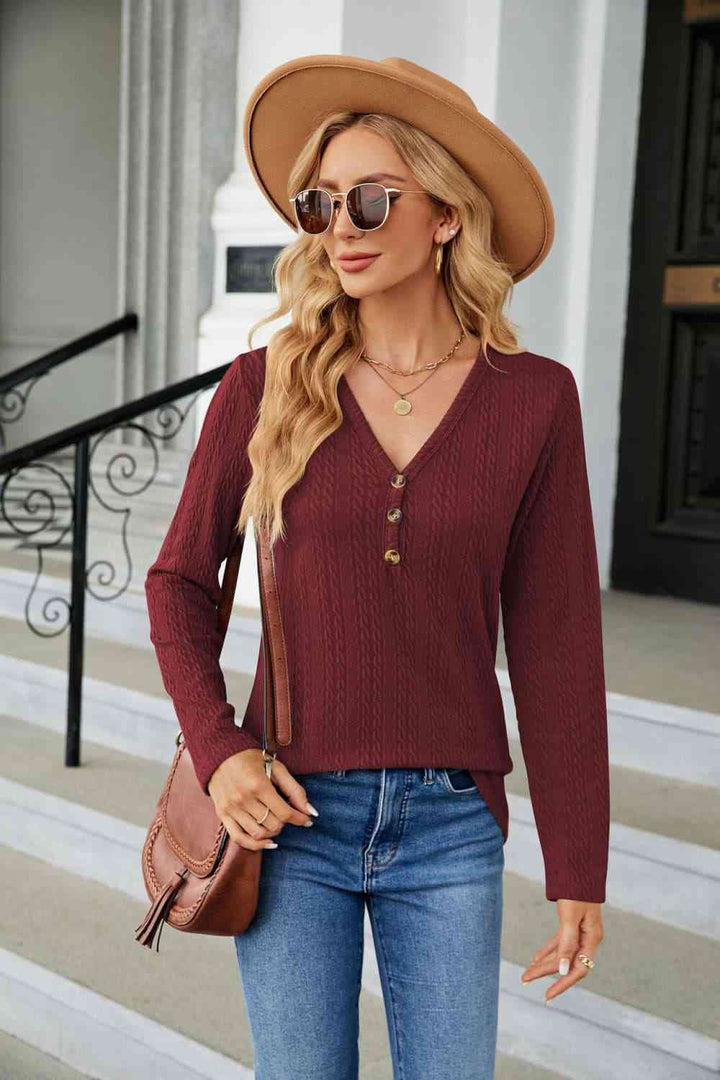 Cable-Knit Long Sleeve V-Neck T-Shirt | 1mrk.com