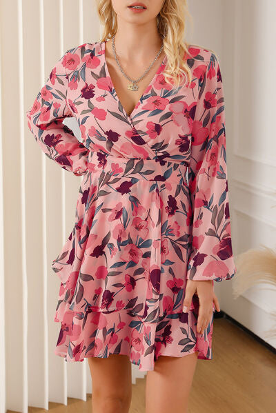 Printed Surplice Balloon Sleeve Mini Dress |1mrk.com