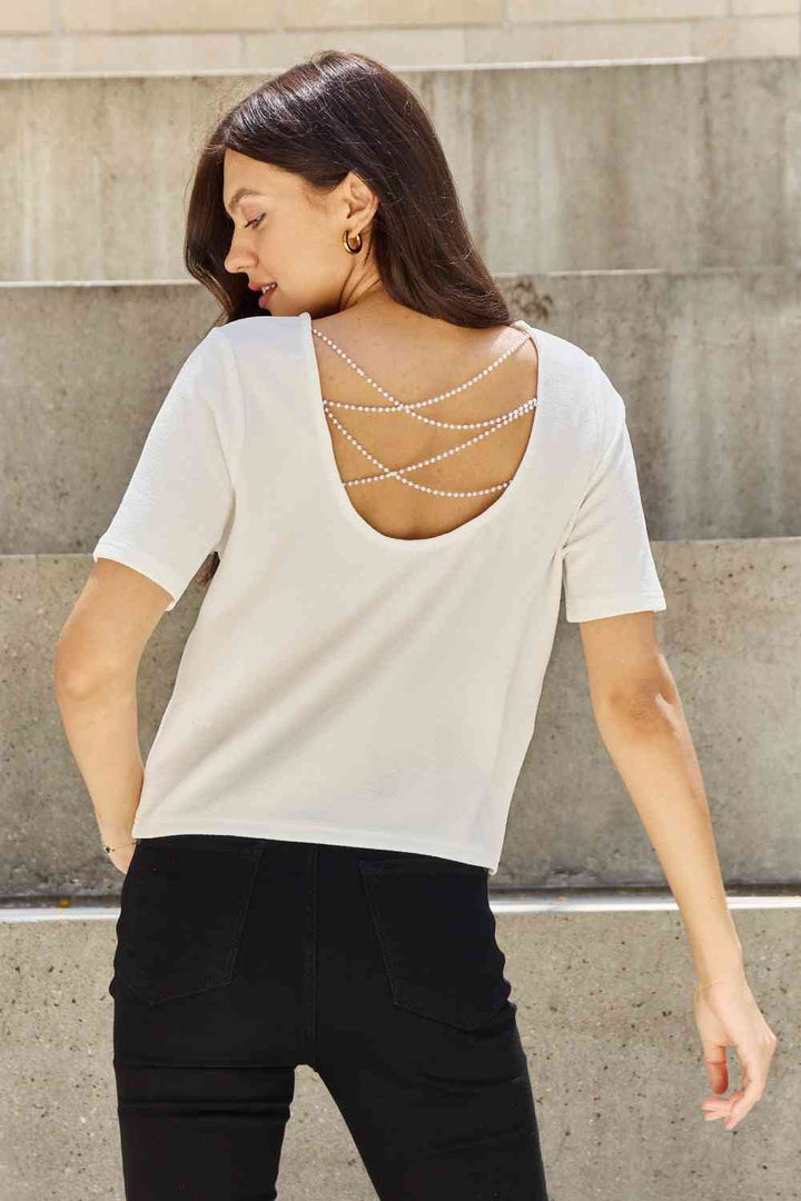 And The Why Pearly White Full Size Criss Cross Pearl Detail Open Back T-Shirt | 1mrk.com