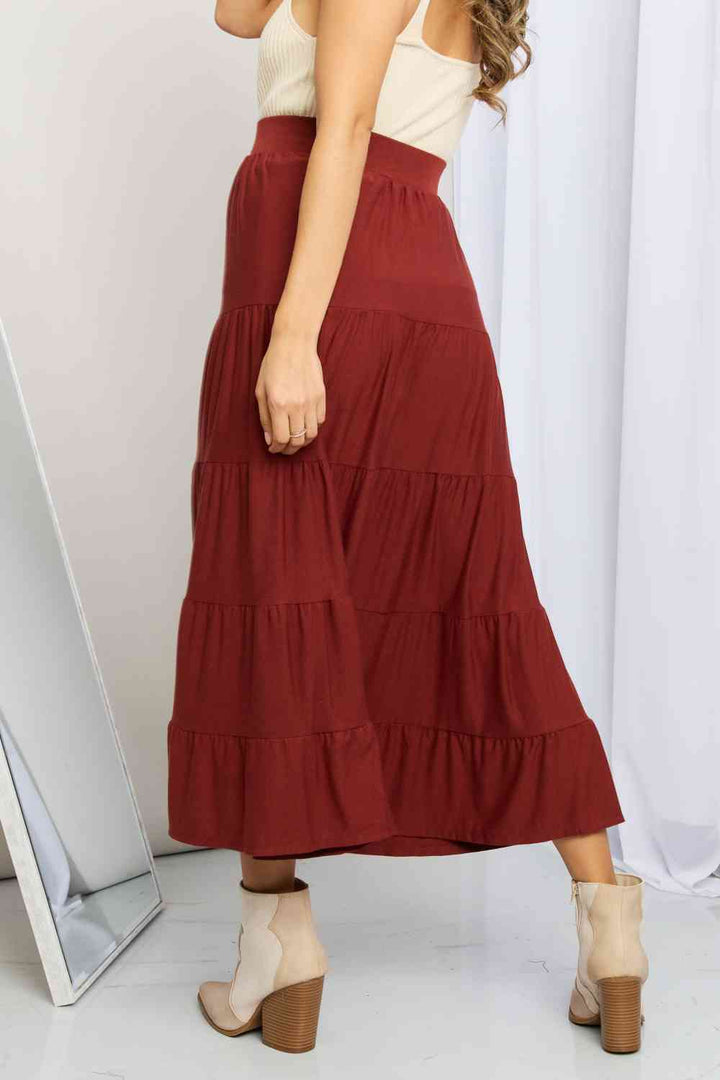 Zenana Full Size Wide Waistband Tiered Midi Skirt | 1mrk.com