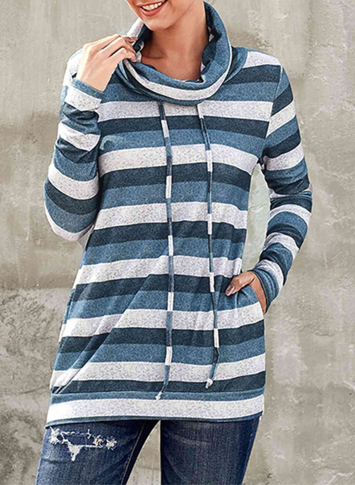 Striped Cowl Neck Tunic Sweatshirt |1mrk.com