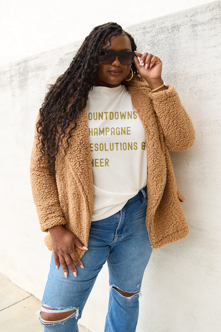 Simply Love Full Size COUNTDOWNS CHAMPAGNE RESOLUTIONS & CHEER Round Neck T-Shirt | Trendsi