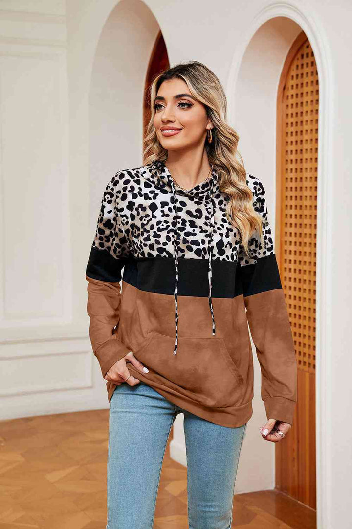 Leopard Drawstring Hoodie with Pocket |1mrk.com