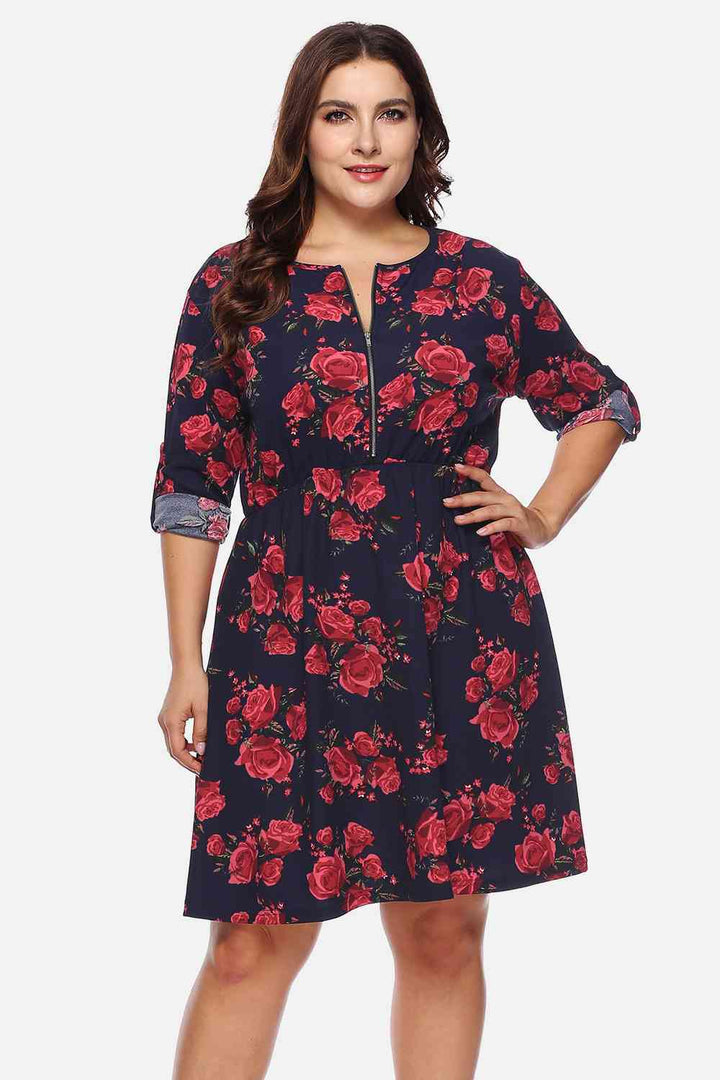 Plus Size Floral Print Half Zip Up Dress |1mrk.com