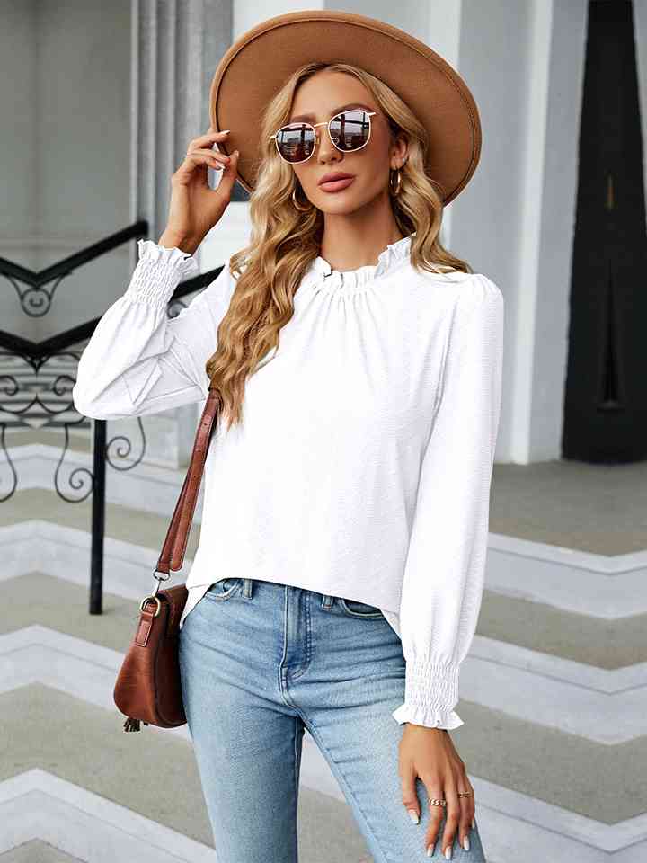 Round Neck Flounce Sleeve Blouse | 1mrk.com