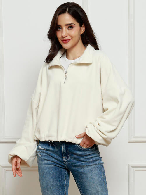 Half-Zip Collared Drop Shoulder Fleece Sweatshirt |1mrk.com