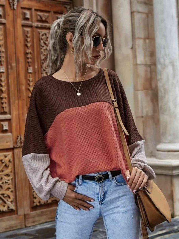 Color Block Waffle-Knit Long Sleeve Top | 1mrk.com