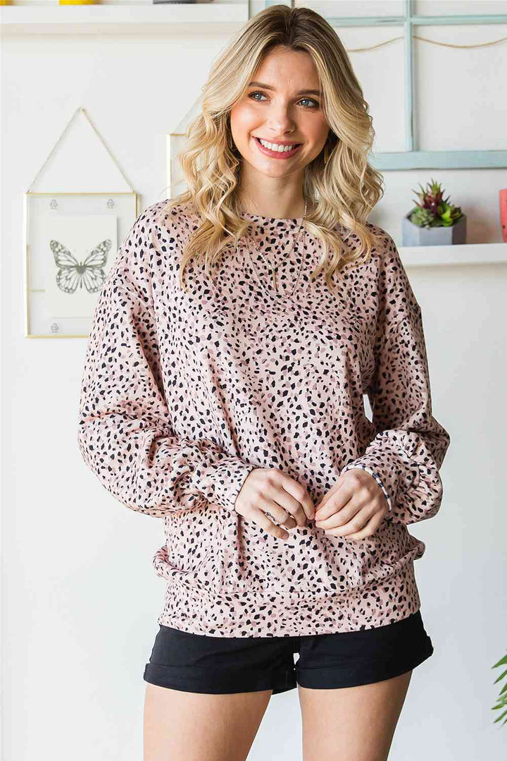 Leopard Print Round Neck Long Sleeve Sweatshirt |1mrk.com